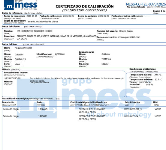Certificado de calibración como evidencia de prueba