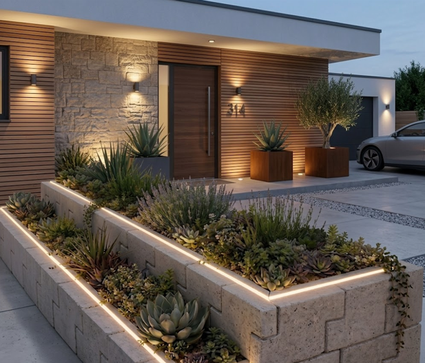 Vista previa del proyecto de paisajismo con iluminación integrada